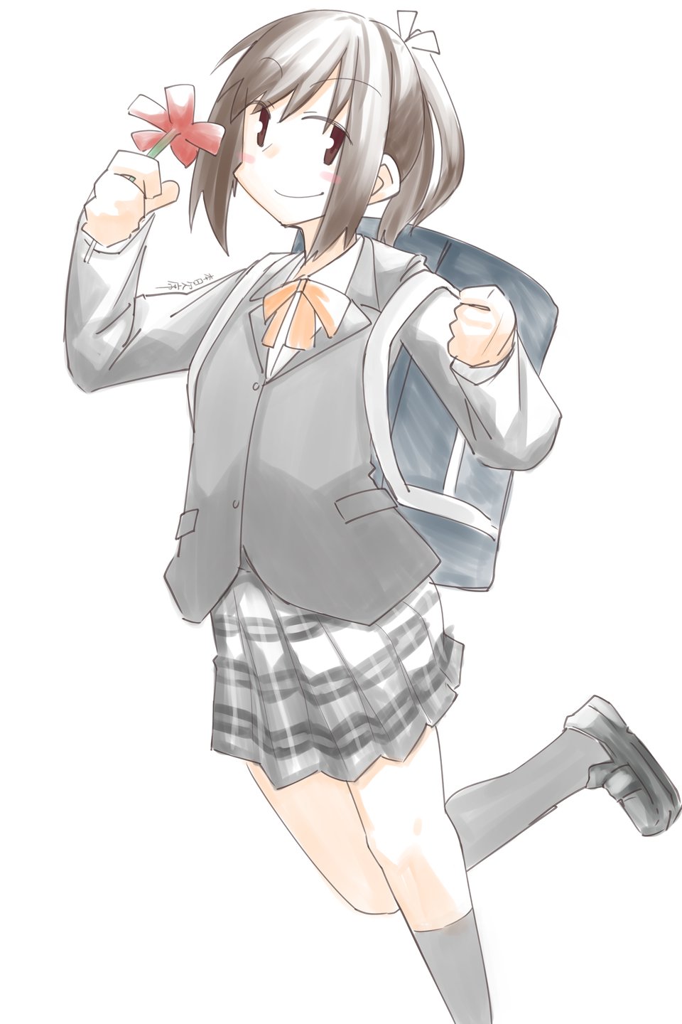 1girl, bag, black_footwear, blazer, bow, bowtie, brown_eyes, brown_hair