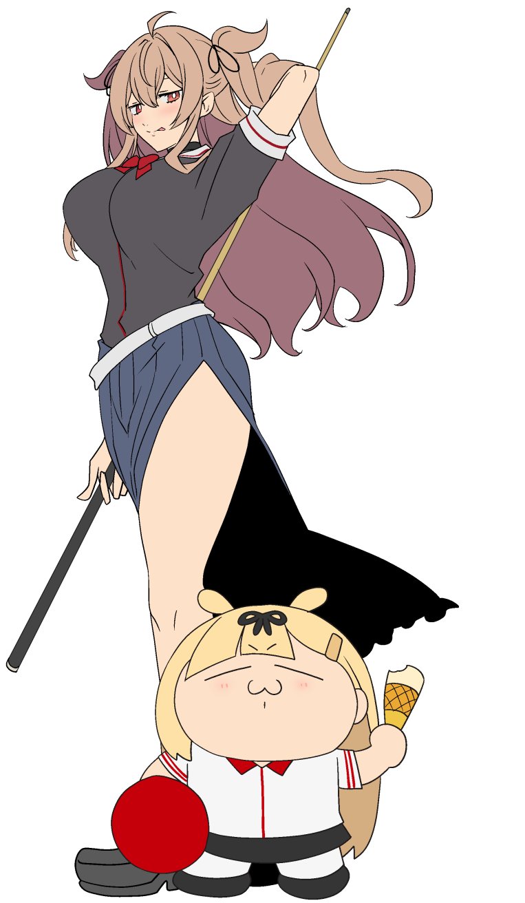 2girls, ball, black_shirt, blonde_hair, blue_skirt, bowling_ball, breasts, brown_eyes, chibi, cue_stick, hair_flaps, height_difference, highres, holding_cue_stick, ice_cream_cone, kloah, large_breasts, light_brown_hair, long_hair, long_skirt, looking_at_viewer, multiple_girls, murasame_(kancolle), murasame_(round_one)_(kancolle), murasame_kai_ni_(kancolle), round_one, shirt, simple_background, skirt, tongue, tongue_out, two_side_up, white_background, yuudachi_(kancolle), yuudachi_(round_one)_(kancolle), yuudachi_kai_ni_(kancolle)