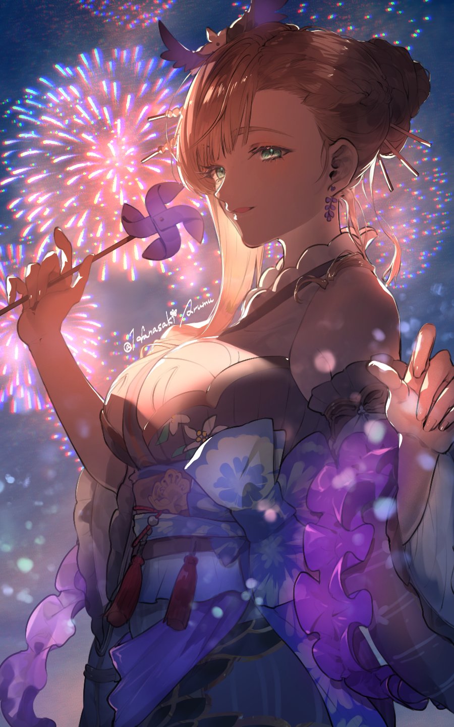 1girl, arumu, bare_shoulders, breasts, brown_hair, granblue_fantasy, green_eyes, highres