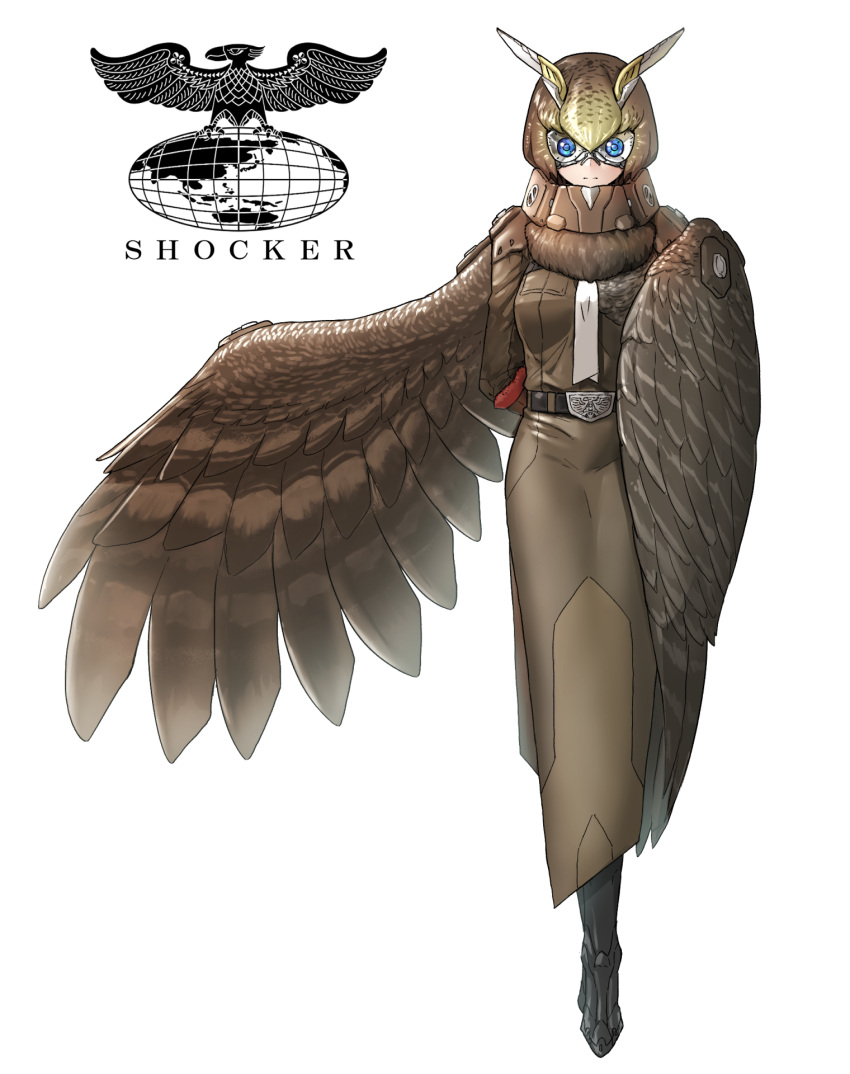 1girl, arms_behind_back, belt, belt_buckle, bird_wings, black_belt, black_footwear, brown_dress