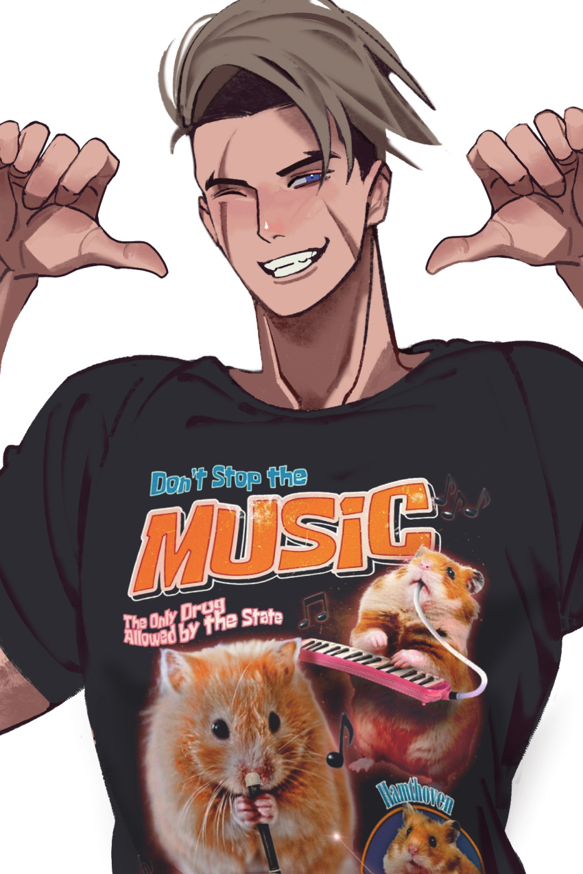 1boy, arms_up, black_shirt, blonde_hair, blue_eyes, cropped_arms, double_thumbs_up, grin, hamster, hexermer, highres, long_scar, luke_sullivan, male_focus, meme, multicolored_hair, multiple_scars, musical_note, one_eye_closed, print_shirt, scar, scar_across_eye, scar_on_cheek, scar_on_face, shirt, smile, solo, straight-on, street_fighter, street_fighter_6, t-shirt, teeth, thumbs_up, two-tone_hair, upper_body