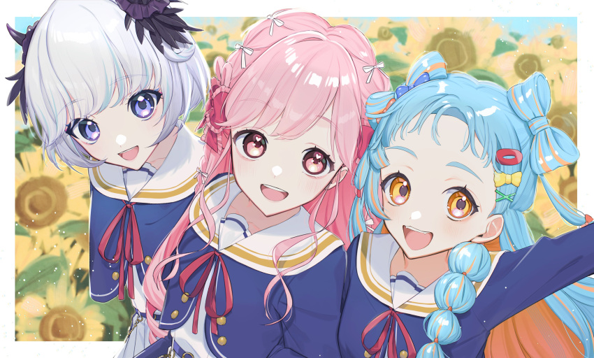 3girls, :d, absurdres, aikatsu!_(series), aikatsu_academy!, arm_up, blue_hair, blue_shirt