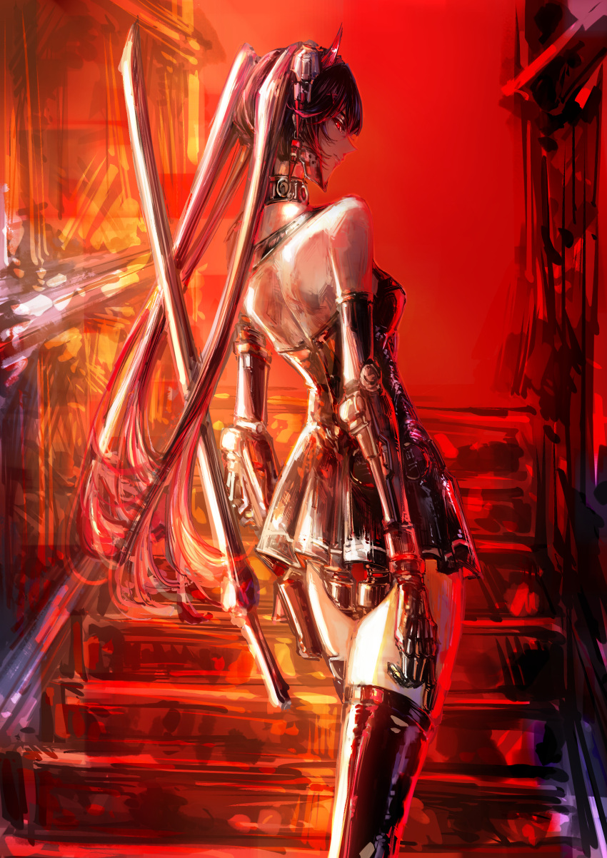 1girl, absurdres, bare_shoulders, black_dress, collar, dress, earrings, hachi_shoku_mare, headgear, highres, jewelry, joints, long_hair, lucia:_dawn_(punishing:_gray_raven), lucia_(punishing:_gray_raven), mechanical_arms, mechanical_parts, punishing:_gray_raven, red_eyes, red_theme, robot_joints, short_dress, solo, sword, thigh-highs, twintails, weapon