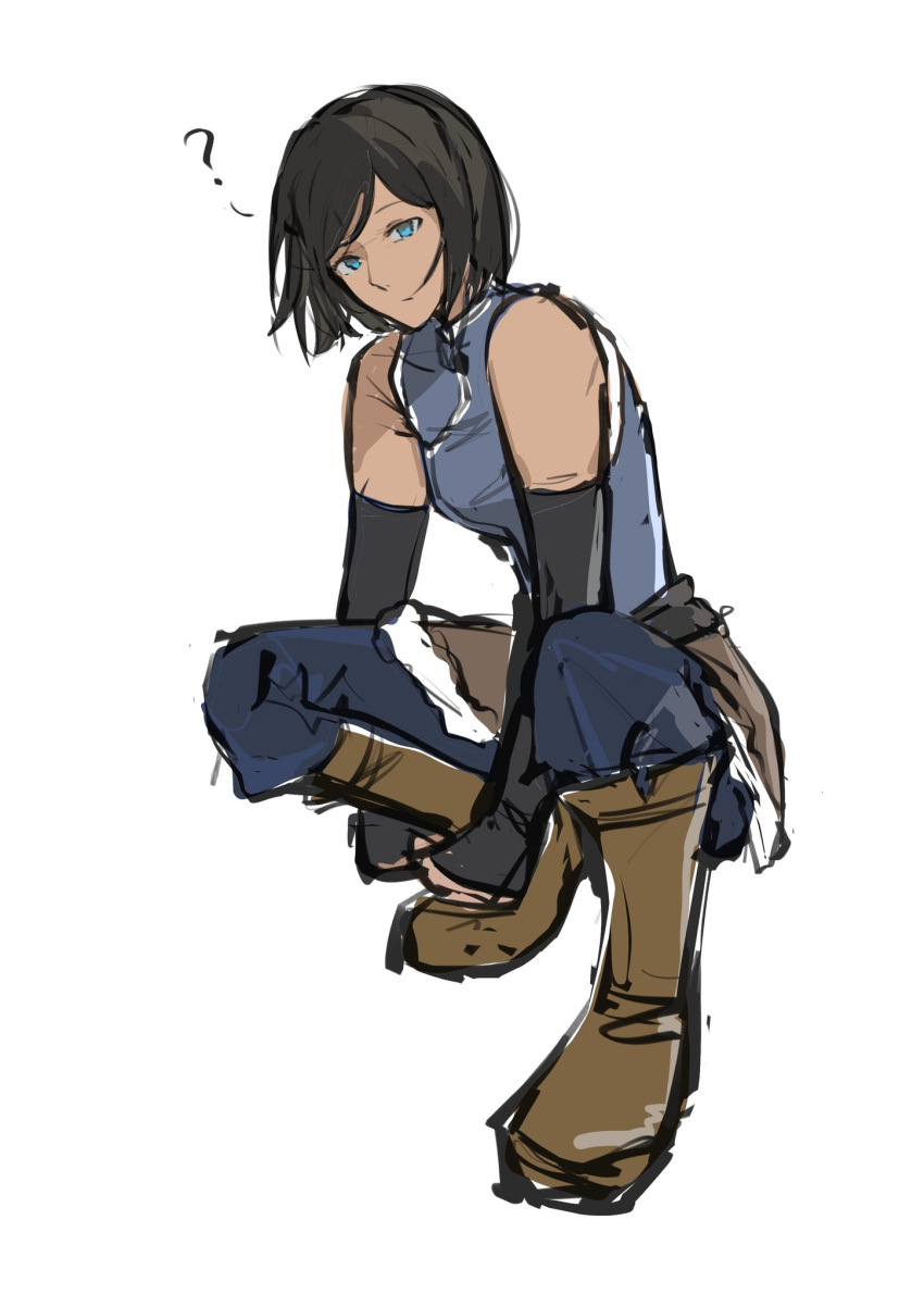 1girl, ?, avatar_legends, bare_shoulders, blue_eyes, blue_pants, blue_shirt, brown_footwear