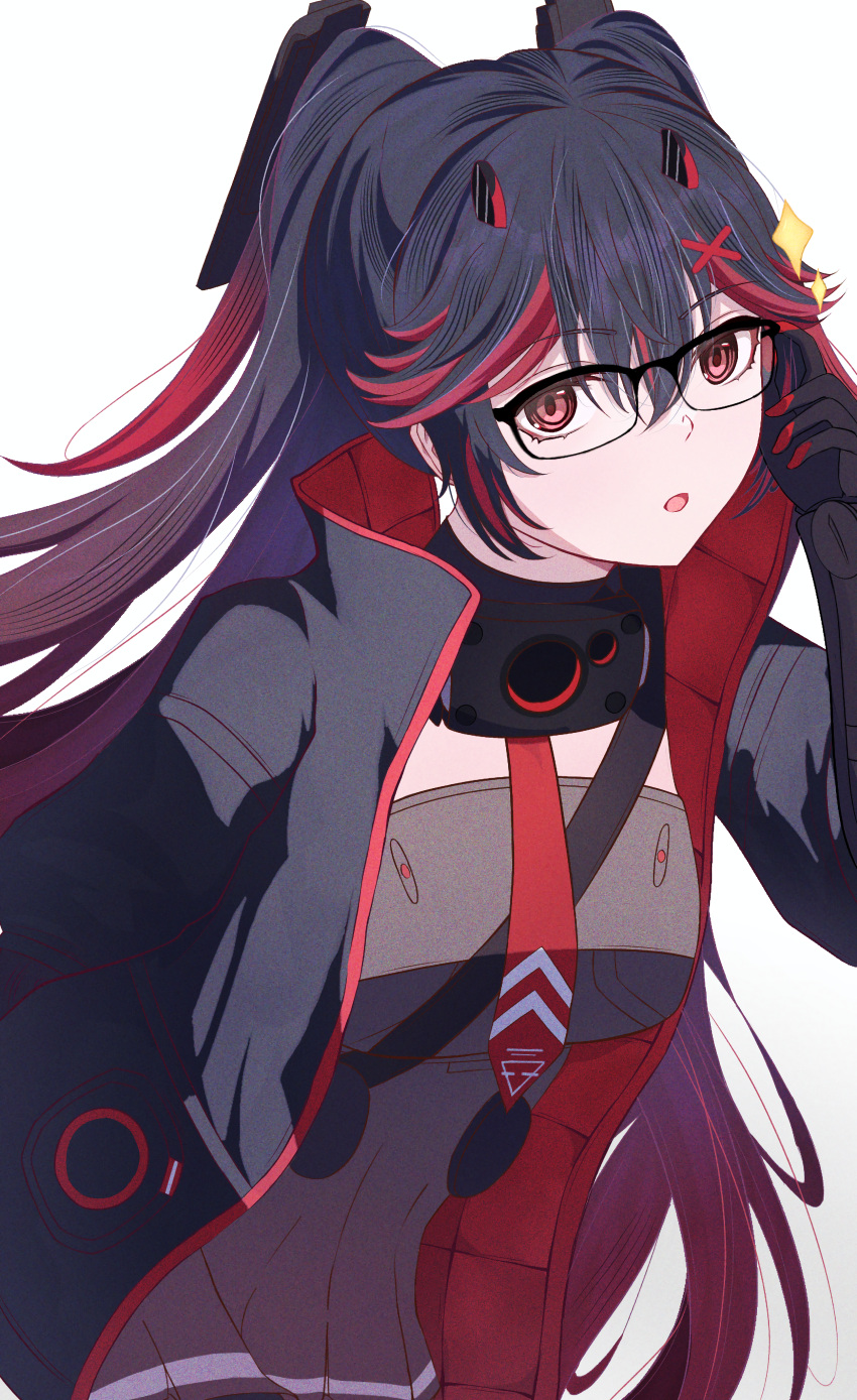 1girl, absurdres, black_dress, black_hair, black_jacket, collar, dress, fake_horns