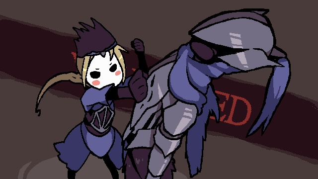 1boy, 1girl, animated, animated_gif, armor, artorias_the_abysswalker, baconpal, black_gloves, blonde_hair, blue_cape, blue_tunic, breastplate, brown_background, cape, cowboy_shot, dark_souls_(series), dark_souls_i, full_armor, gloves, helmet, long_hair, looping_animation, lord's_blade_ciaran, masked, meme, pauldrons, poka_poka_(meme), seitokai_yakuindomo, shoulder_armor, tunic, you_died