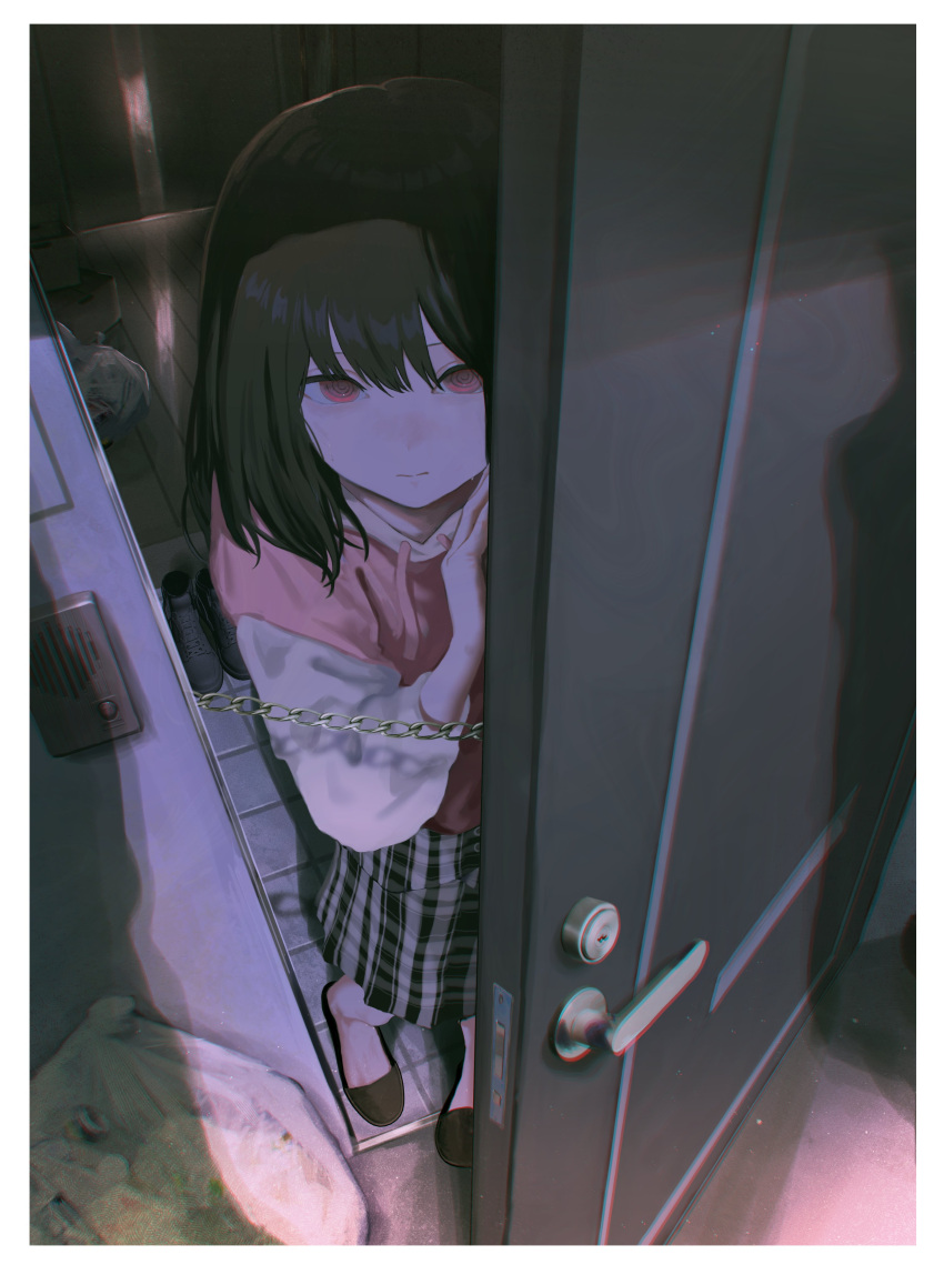1girl, absurdres, black_hair, closed_mouth, commentary, door_chain, doorway, highres, hood, hoodie, kyano_(kyanora3141), looking_at_viewer, medium_hair, opening_door, original, pink_hoodie, red_eyes, skirt, slippers, solo, standing, trash_bag