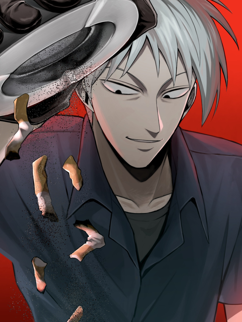 1boy, akagi:_yami_ni_oritatta_tensai, akagi_shigeru, ashes, ashtray, black_eyes, black_shirt, cigarette_butt