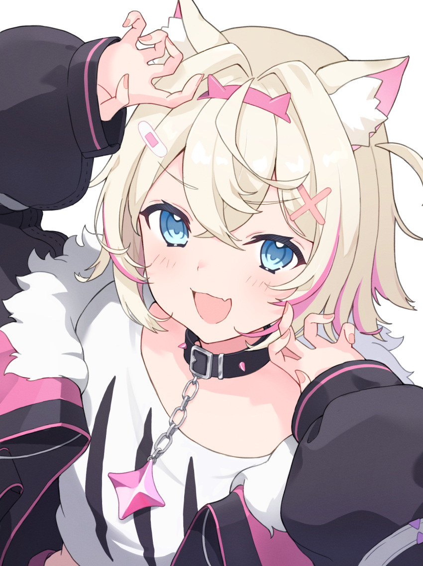 1girl, animal_collar, animal_ears, bandaid, bandaid_hair_ornament, black_collar, black_jacket, blonde_hair