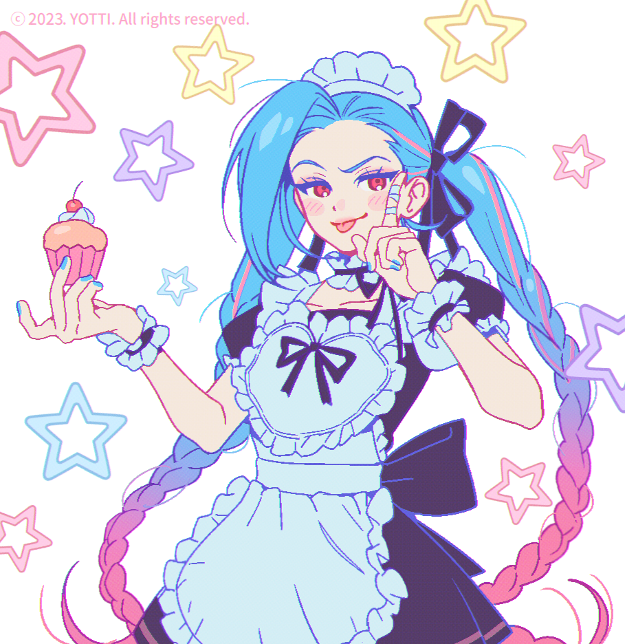 1girl, alternate_costume, apron, asymmetrical_bangs, black_dress, black_ribbon, blue_nails, blush