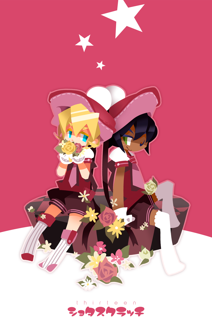 2girls, black_hair, blonde_hair, blue_eyes, dark_skin, flower, green_eyes, hat