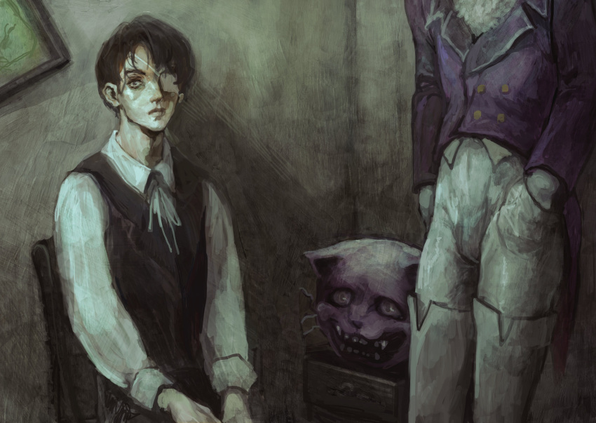 2boys, absurdres, black_hair, black_vest, cabinet, chair, character_request, coat
