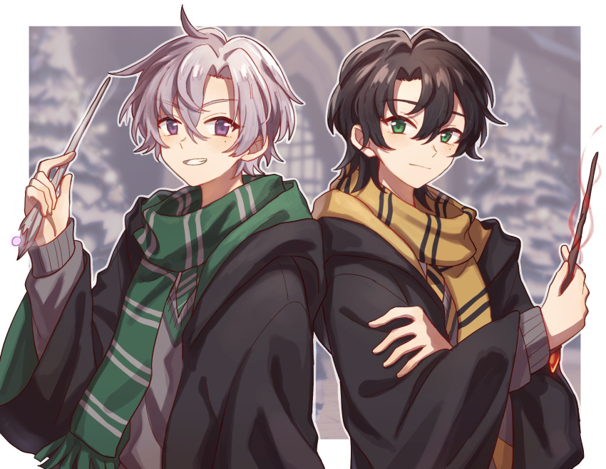2boys, back-to-back, blurry, blurry_background, border, curtained_hair, double-parted_bangs, grin