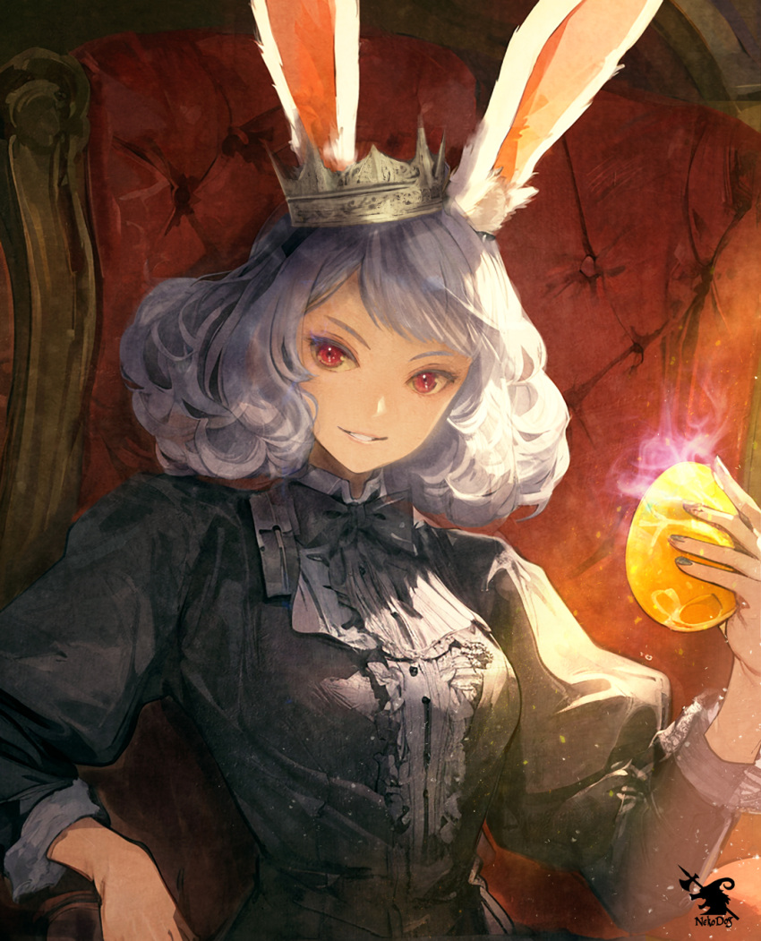 1girl, animal_ears, artist_logo, black_dress, bunny_day, commentary, crown, dress, hashtag-only_commentary, highres, kjk_kat12349, on_chair, original, parted_lips, puffy_sleeves, purple_hair, rabbit_ears, rabbit_girl, red_eyes, short_hair, sitting, smile, solo