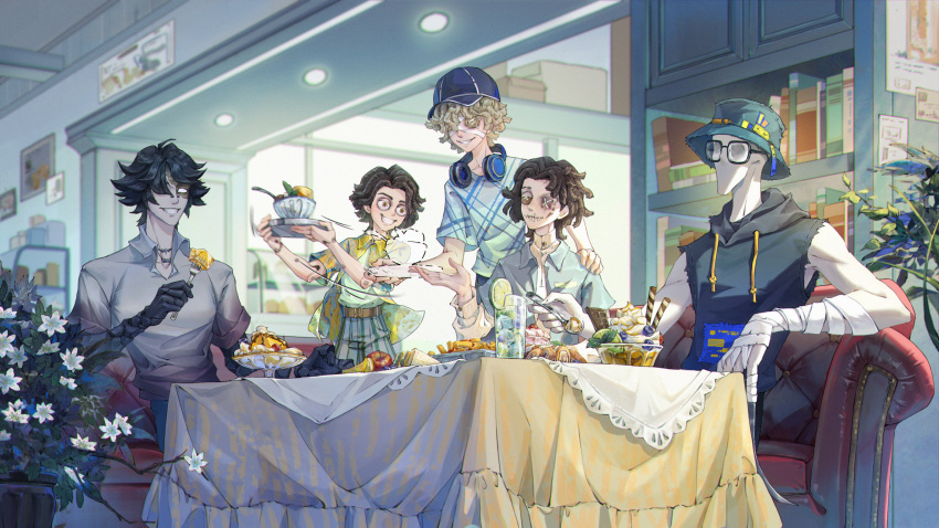 5boys, afterimage, ahoge, alternate_costume, apple, aqua_hat, aqua_shirt, bald