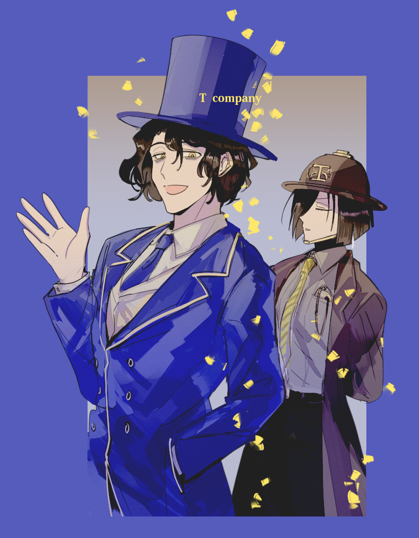 1boy, 1girl, :d, arms_behind_back, black_hair, black_pants, blue_background, blue_hat, blue_necktie, blue_suit, blue_top_hat, bowler_hat, brown_coat, brown_hair, buttons, closed_eyes, closed_mouth, coat, diagonal-striped_clothes, diagonal-striped_necktie, hand_in_pocket, hat, hubert_(limbus_company), ko_bammm, limbus_company, mai_(project_moon), necktie, open_mouth, pants, pocket_watch, project_moon, shirt, short_hair, smile, striped_clothes, striped_necktie, suit, top_hat, watch, waving, wavy_hair, white_shirt, wing_collar, yellow_eyes, yellow_petals, yellow_trim