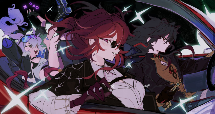 1boy, 2girls, black_background, black_coat, black_hair, black_jacket, blade_(honkai:_star_rail), car