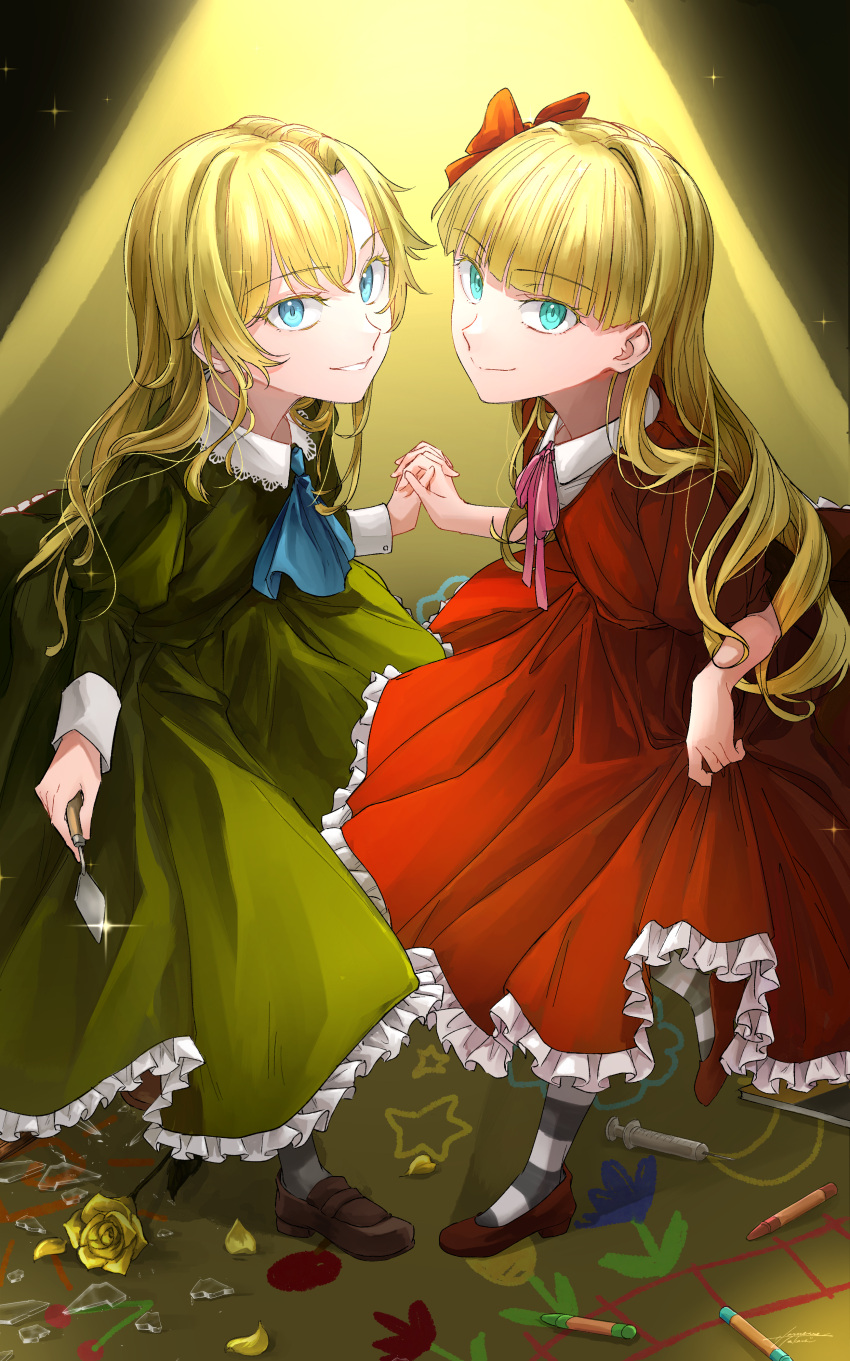 2girls, absurdres, blonde_hair, blue_eyes, bow, brown_footwear, bungou_stray_dogs, closed_mouth