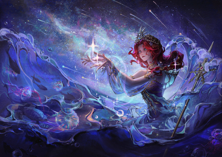 1girl, armlet, blue_dress, blue_eyes, blue_gemstone, blue_ribbon, bracelet, braid