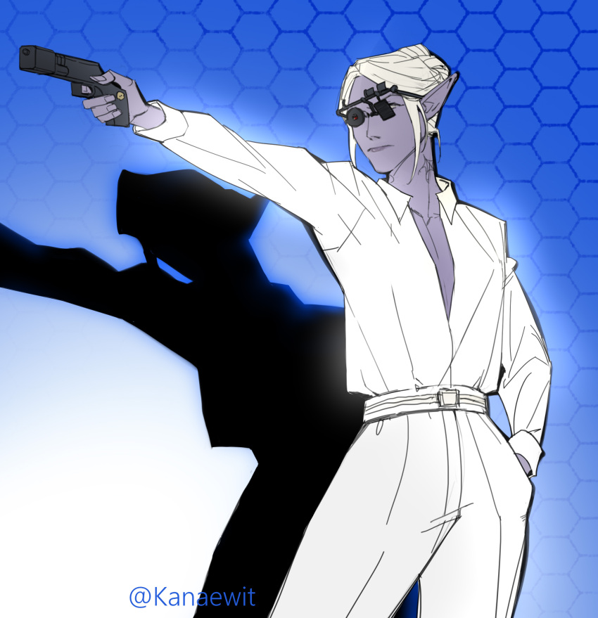 1girl, 2024_summer_olympics, aiming, baldur's_gate, baldur's_gate_3, belt, blue_background, collared_shirt