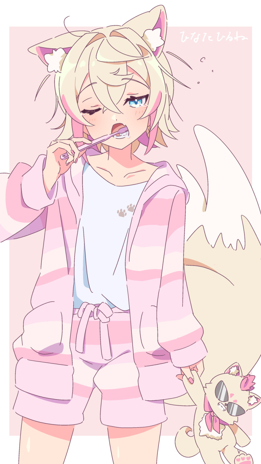 1girl, alternate_costume, animal_ears, artist_name, blonde_hair, blue_eyes, border, brushing_teeth