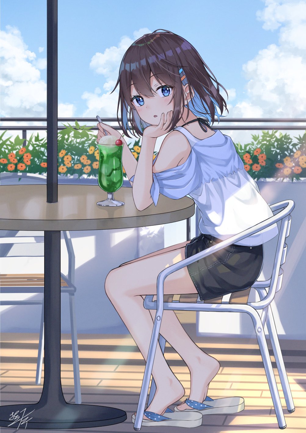 1girl, arm_rest, balcony, black_shorts, blue_eyes, blue_hair, blush, brown_hair