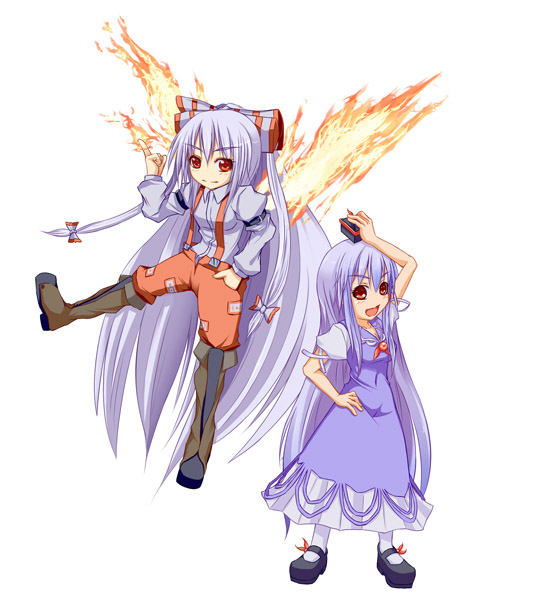 boots, chibi, fire, fujiwara_no_mokou, hand_on_hip, kamishirasawa_keine, multiple_girls, no_nose