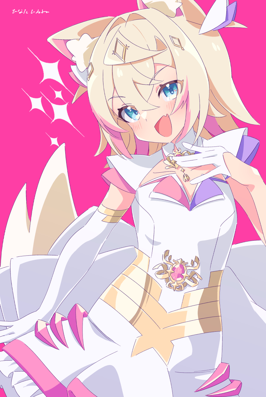 1girl, alternate_costume, animal_ear_fluff, animal_ears, asymmetrical_gloves, blonde_hair, blue_eyes, blush, commentary_request, cowboy_shot, crossed_bangs, dog_ears, dog_girl, dog_tail, double-parted_bangs, dress, elbow_gloves, flat_chest, gloves, hair_between_eyes, hair_intakes, half_gloves, hand_on_own_chest, hand_up, highres, hinata_hirune, hololive, hololive_english, looking_at_viewer, medium_hair, mococo_abyssgard, multicolored_hair, open_mouth, pink_background, pink_hair, sidelocks, simple_background, single_elbow_glove, single_half_glove, smile, solo, sparkle, standing, streaked_hair, tail, two_side_up, virtual_youtuber, white_dress, white_gloves