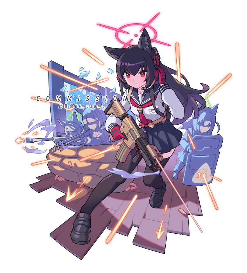 1girl, 4girls, assault_rifle, bimusama, black_hair, blue_archive, bullet, cat_girl, commission, diorama, firing, full_body, gloves, gun, halo, headphones, highres, holding, holding_gun, holding_weapon, laser_sight, long_hair, multiple_girls, red_eyes, red_gloves, rifle, riot_shield, sailor_collar, sandbag, school_uniform, shell_casing, shield, solo_focus, uniform, weapon, yukino_(blue_archive)