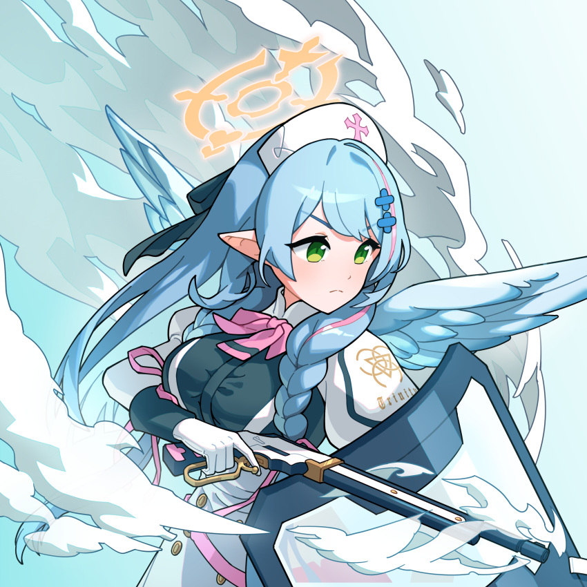1girl, angel, angel_wings, bimusama, blue_archive, blue_hair, braid, breasts, dress, green_eyes, gun, halo, hat, highres, holding, holding_gun, holding_weapon, juliet_sleeves, large_breasts, long_sleeves, low_twin_braids, mine_(blue_archive), nurse_cap, pink_ribbon, pointy_ears, puffy_sleeves, ribbon, riot_shield, shield, shotgun, smoke, solo, twin_braids, weapon, white_dress, wings
