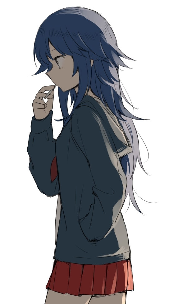 1girl, backlighting, black_jacket, blue_hair, cigarette, commentary_request, cowboy_shot, dark_blue_hair