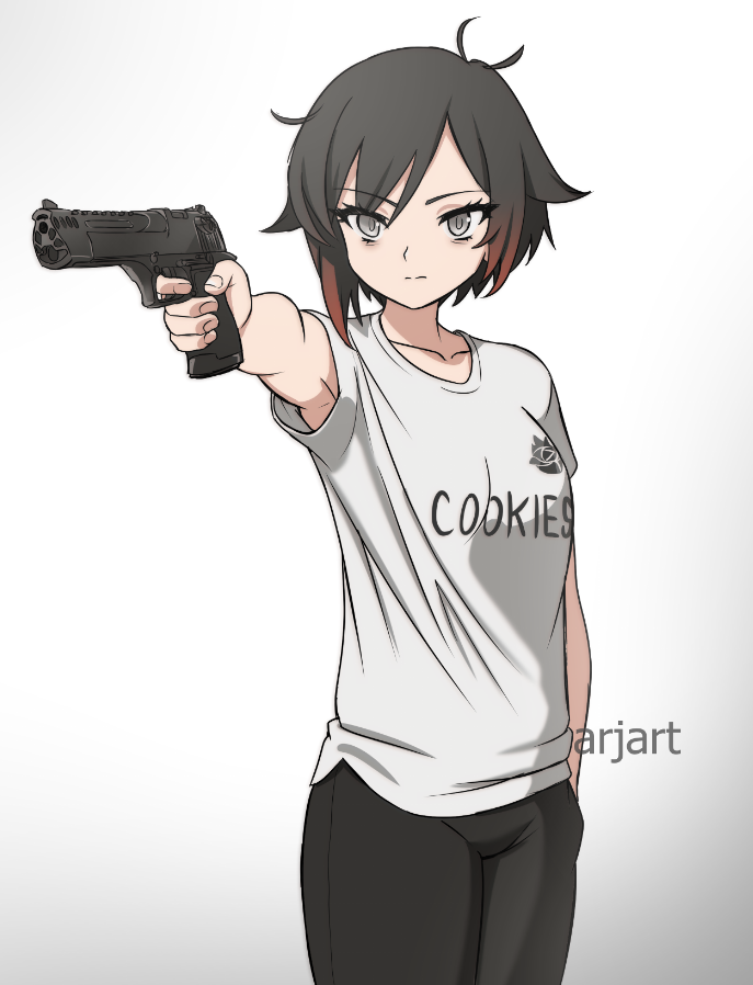 1girl, 2024_summer_olympics, :|, aiming, antenna_hair, ar_jart, arm_at_side, artist_name