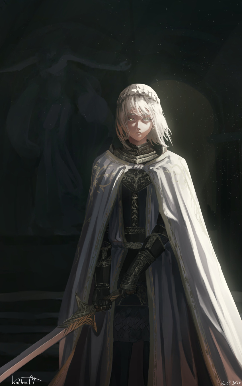 1girl, absurdres, armor, armor_under_clothes, blank_stare, blonde_hair, braid, breastplate