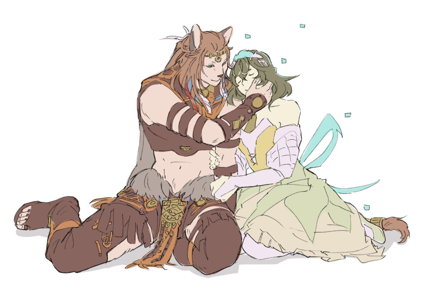 2girls, animal_ears, armband, bare_shoulders, bracer, brown_footwear, brown_hair, brown_pants