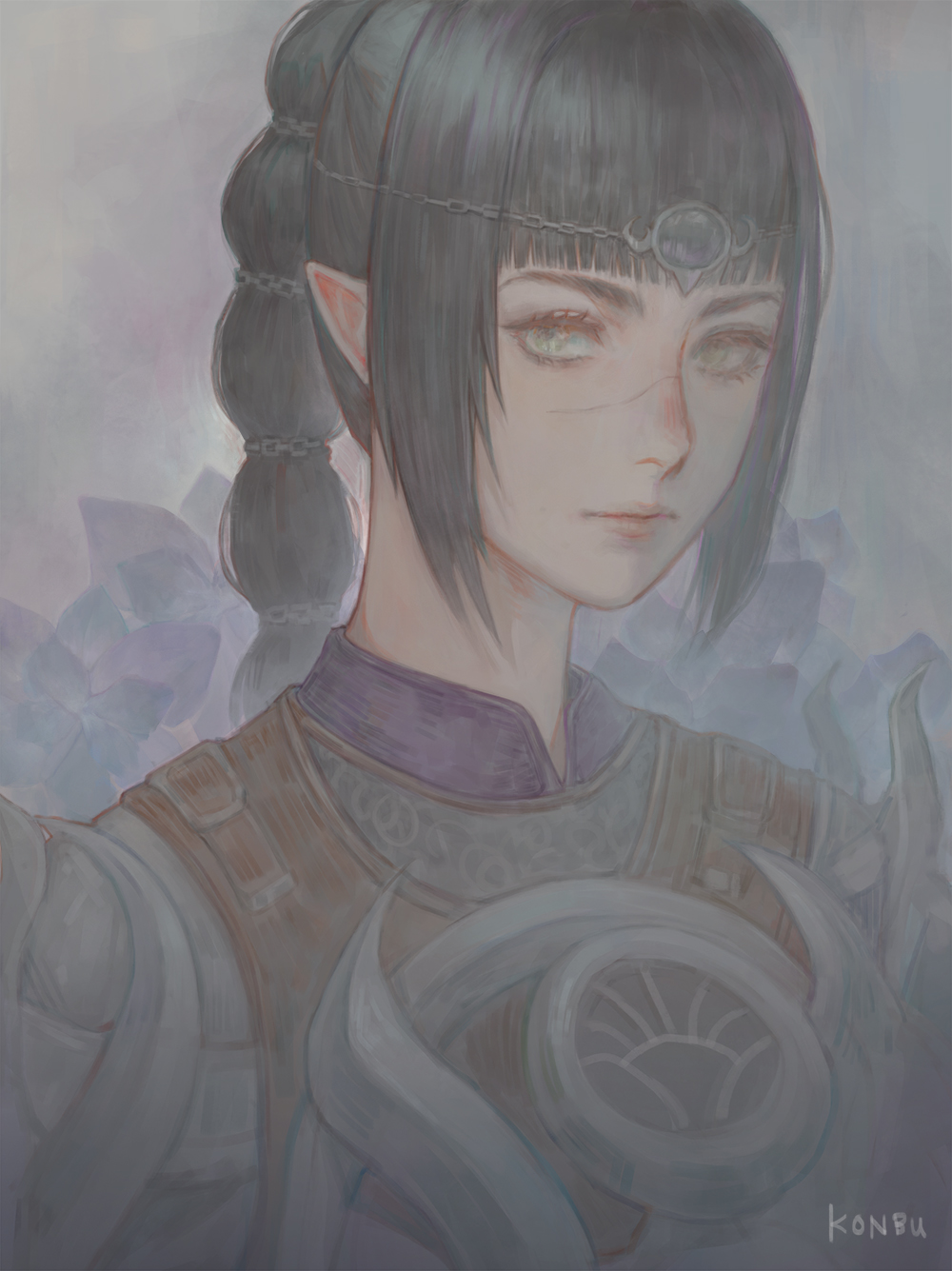 1girl, armor, artist_name, baldur's_gate, baldur's_gate_3, black_hair, blunt_bangs, breastplate