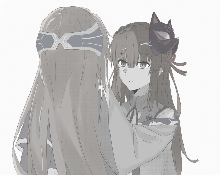 2girls, blonde_hair, braid, brown_hair, capelet, crown_braid, fox_mask, hand_on_another's_face, heaven_burns_red, kiryuu_miya, long_hair, mask, mole, mole_under_eye, multiple_girls, shenyan256, shirakawa_yuina, shirt, sidelocks, white_shirt, yuri