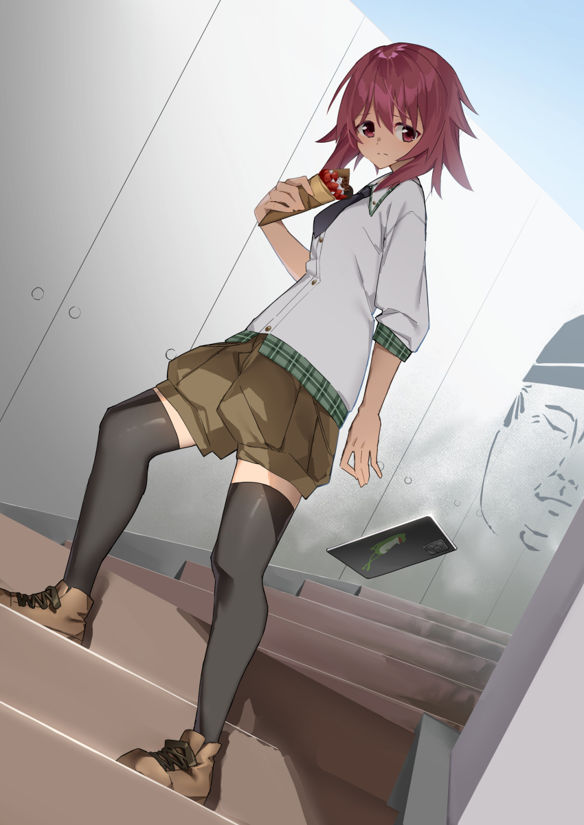 1girl, absurdres, arm_at_side, black_necktie, black_thighhighs, blush, brown_footwear, casual