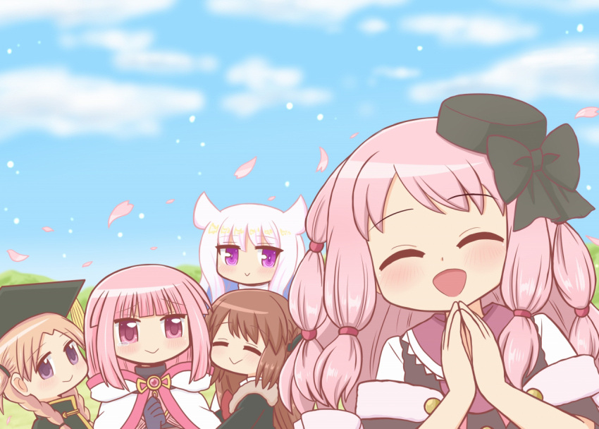 5girls, bad_id, bad_pixiv_id, beret, black_ribbon, braid, brown_hair, cloak
