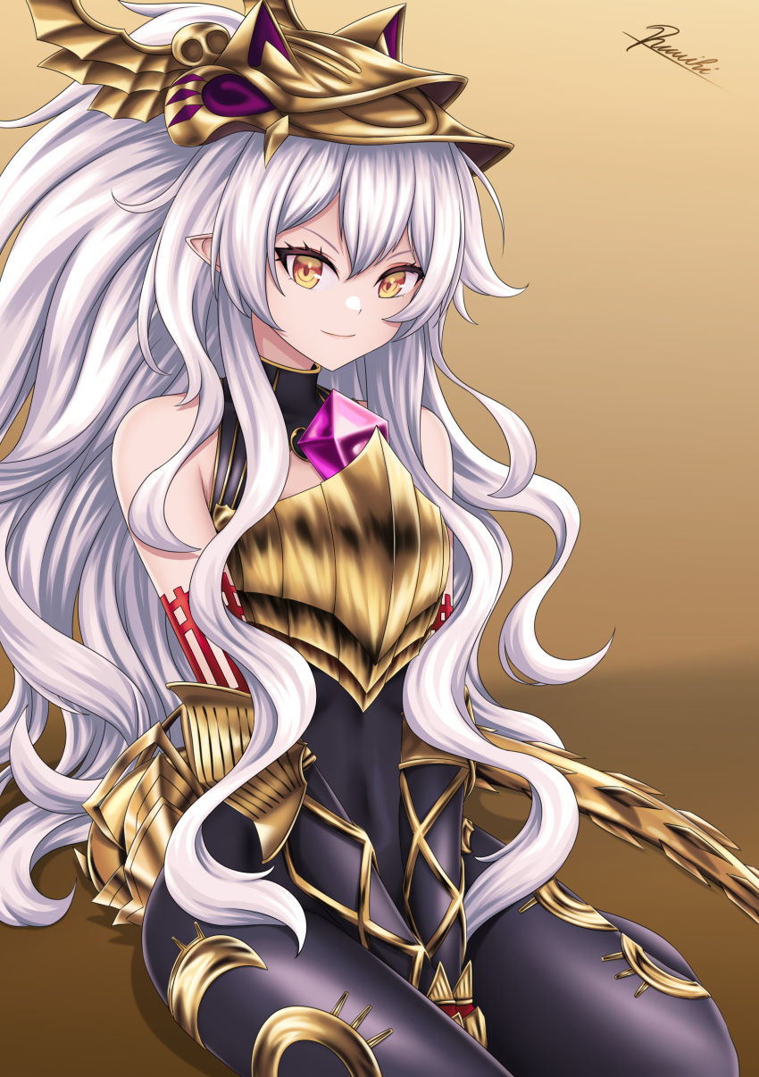 1girl, absurdres, bodysuit, chest_armor, commission, covered_navel, elbow_pads, flat_chest