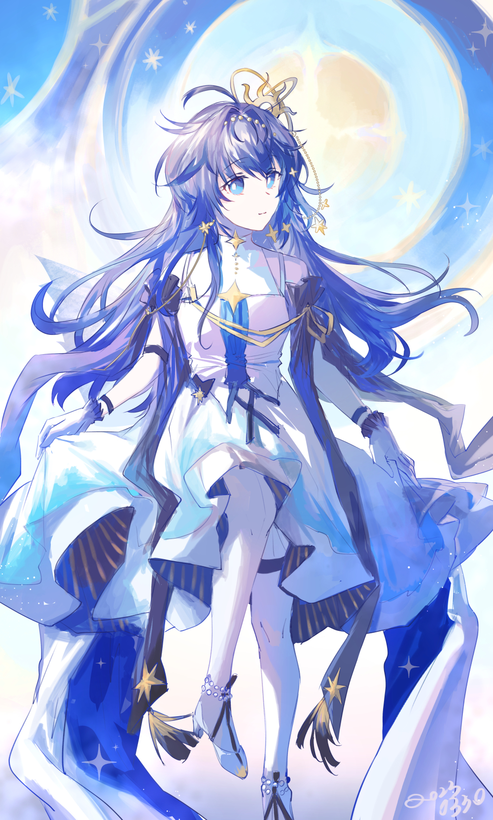 1girl, arknights, astesia_(arknights), astesia_(frlibe_on_the_palace)_(arknights), blue_dress, blue_eyes, blue_hair, bright_pupils