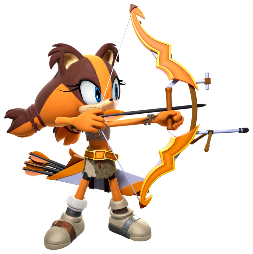 1girl, 3d, aiming, animal_ears, animal_nose, armlet, arms_up, arrow_(projectile)