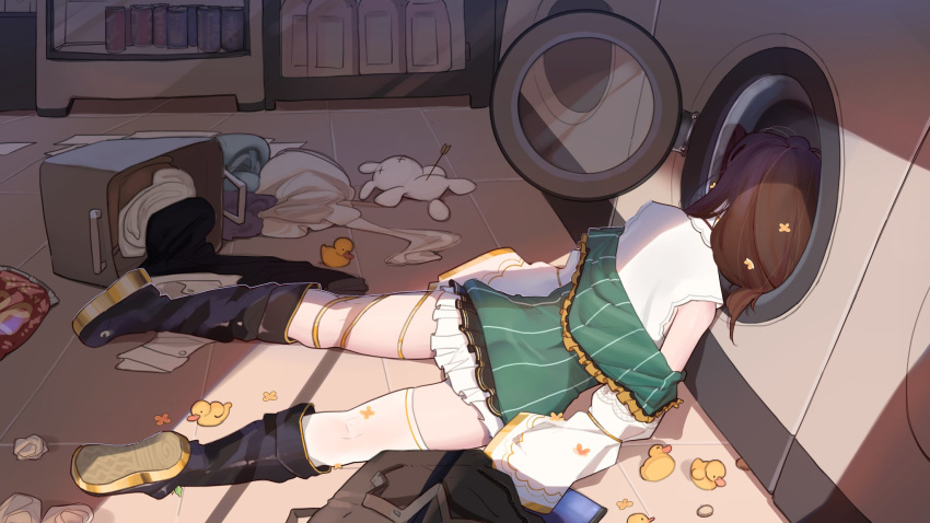 arrow_(projectile), boots, brown_hair, clothes, highres, hojo_studio, lying, paper