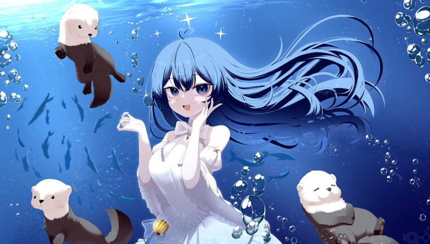 blue_eyes, blue_hair, bubble, closed_eyes, fish, floating_hair, hand_on_own_face, harukami_mei