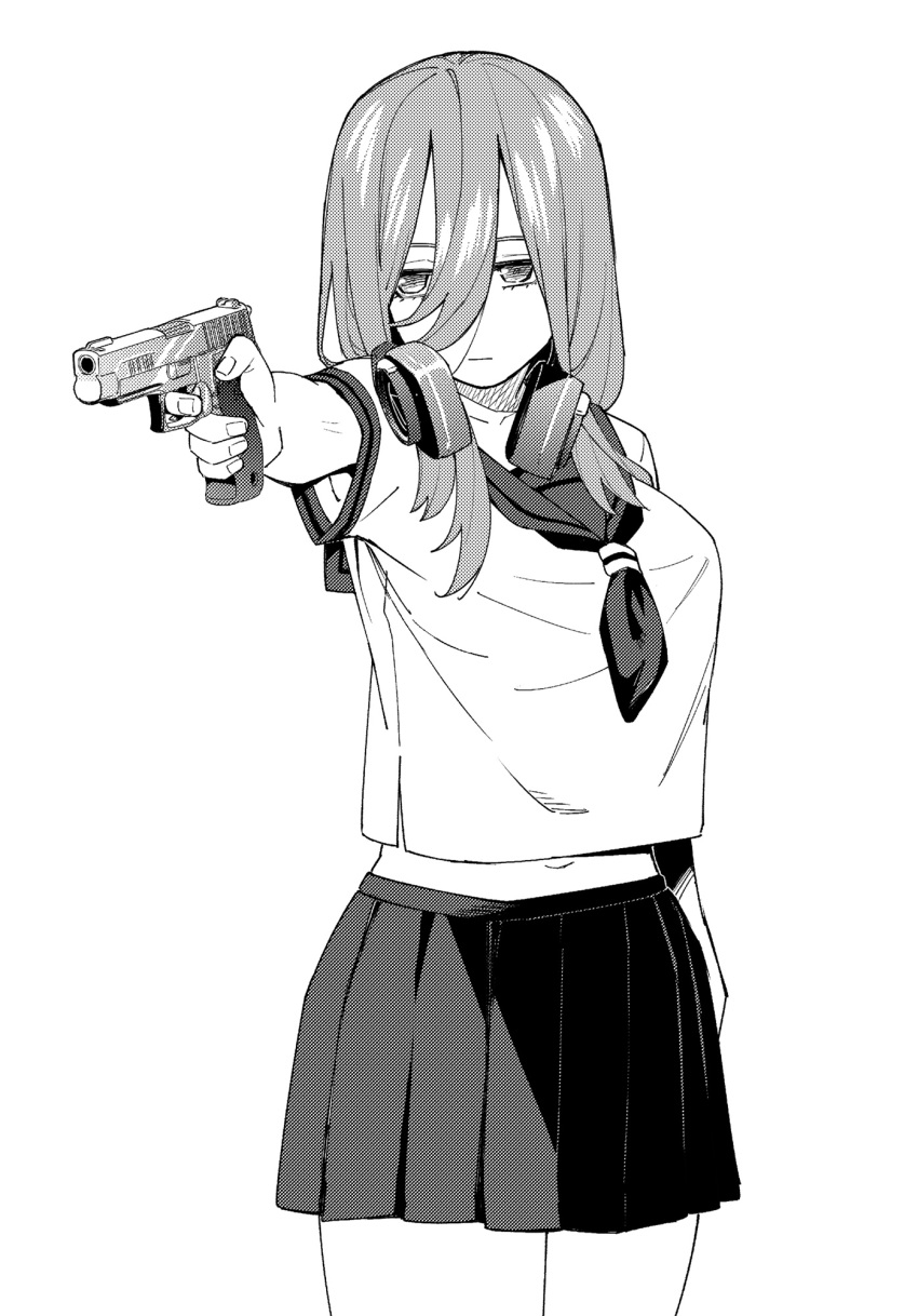 1girl, 2024_summer_olympics, breasts, closed_mouth, finger_on_trigger, go-toubun_no_hanayome, greyscale, gun