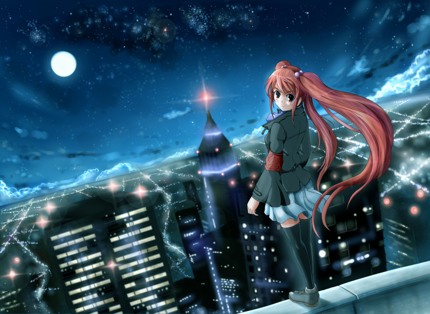 absurdres, armband, cityscape, highres, ledge, moon, night, red_hair