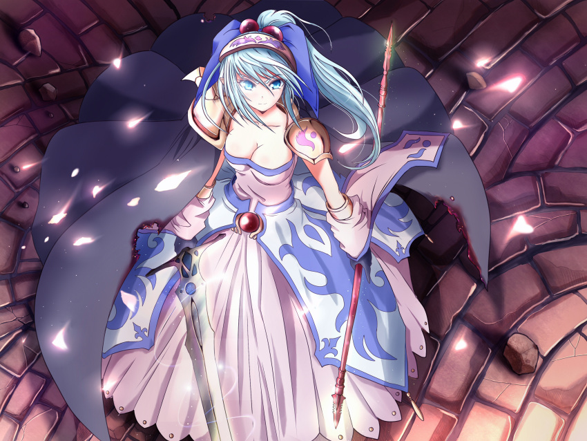 blue_eyes, breasts, cape, cleavage, dress, dual_wielding, from_above, hairband, highres, original, polearm, shoulder_pads, solo, spear, sword, torn_clothes, weapon, white_hair, zen_(weishanzhe)