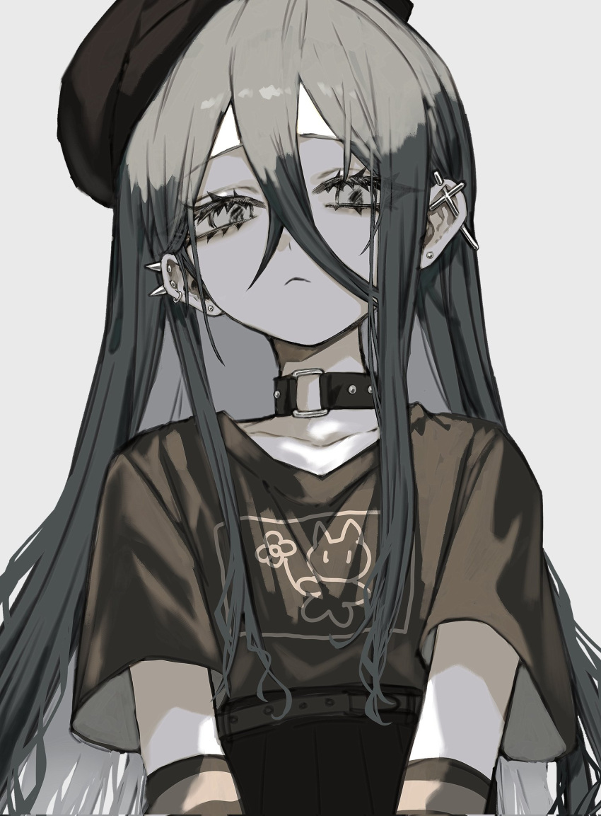 1girl, arms_at_sides, barbell_piercing, beret, black_collar, black_hat, black_shirt, closed_mouth
