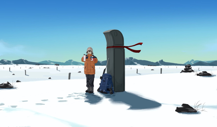 1girl, backpack, bag, black_footwear, black_pants, blue_sky, boots, clear_sky