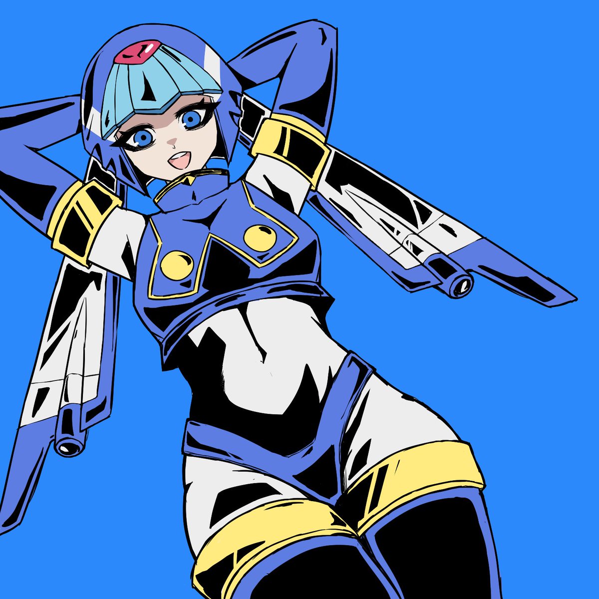 1girl, android, armor, arms_behind_head, blue_armor, blue_background, blue_eyes, blue_helmet