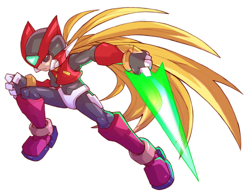 1boy, android, armor, black_eyes, blonde_hair, energy_sword, forehead_jewel, full_body